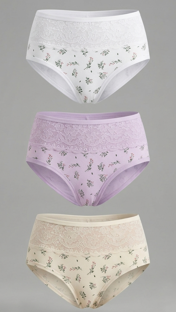 2056 - Pack x3 Panties Clásicos con Encaje en la Cintura y Estampado Floral St.Efan