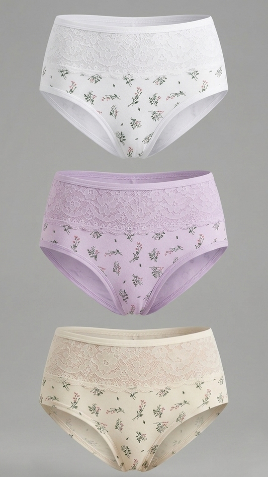 2056 - Pack x3 Panties Clásicos con Encaje en la Cintura y Estampado Floral St.Efan